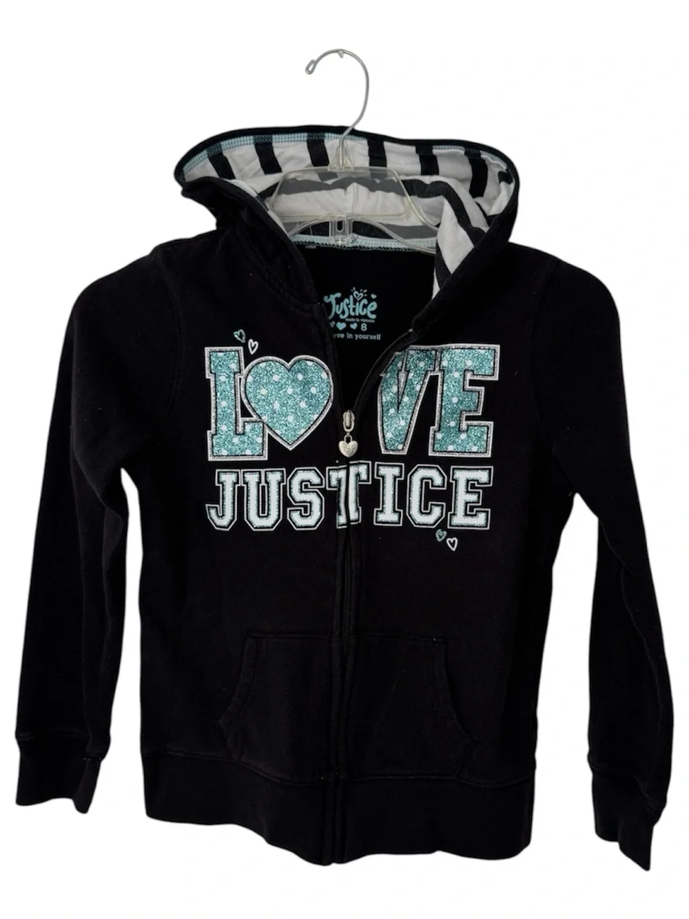 Justice Black Zip-Up Hoodie with Teal Glitter 'LOVE' Graphic Size 8